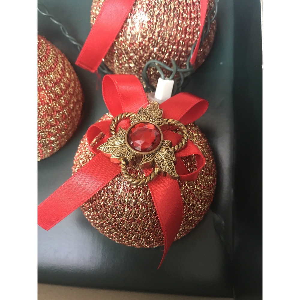 Vintage Christmas‎ String Lights Ornaments Red Ribbon & Gold Accents